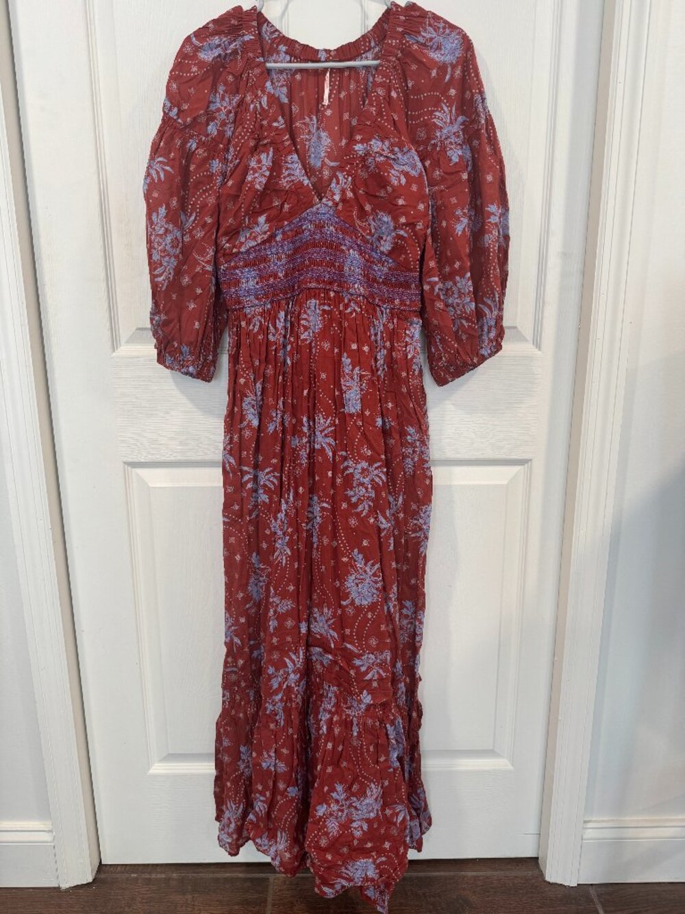 Free People Rust Blue Floral Smocked Waist Boho Maxi Dress